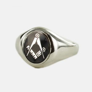 Regalia Store UK 1-123-300x300 Silver Oval Head with Black Enamel Square And Compass Masonic Ring- Fixed Head 