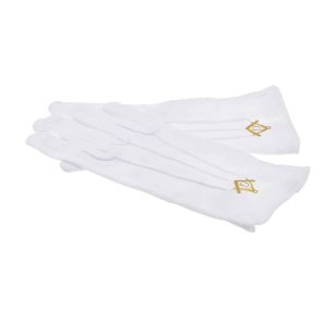 Regalia Store UK xlfg007-300x300 One Size Mens Plain White Cotton Gloves with Gold Masonic Design (With G) 