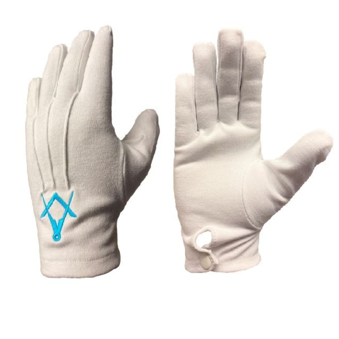 Regalia Store UK White-Cotton-Masonic-Gloves-Turquoise-Blue-SC-1 White Cotton Masonic Gloves [Turquoise blue S&C]  