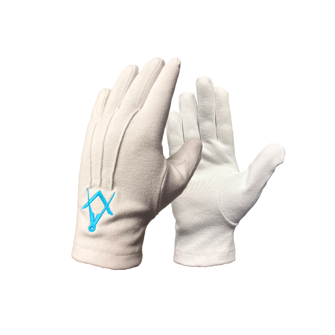 Regalia Store UK White-Cotton-Masonic-Gloves-Turquoise-Blue-SC White Cotton Masonic Gloves [Turquoise Blue S&C]  