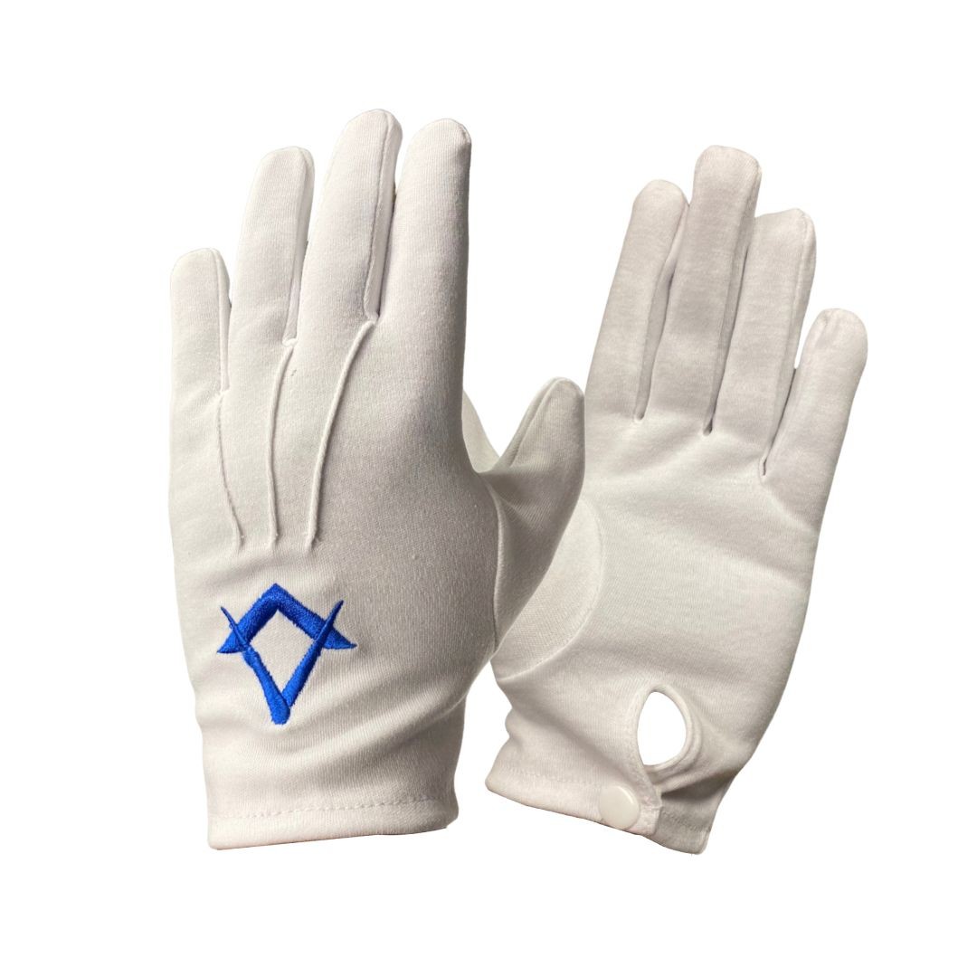 Regalia Store UK White-Masonic-Gloves-With-Navy-Blue-Square-Compass White Masonic Gloves With Navy Blue Square & Compass  