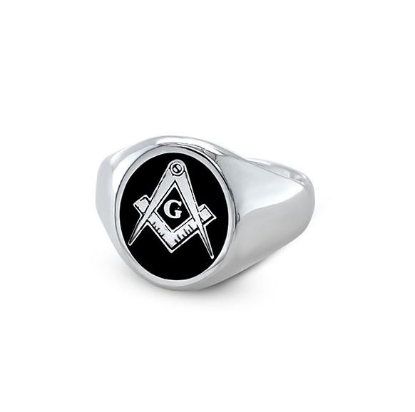 Regalia Store UK Silver-Oval-Head-Craft-Square-Compass-Signet-Ring-black-G Silver Craft Square & Compass Cushion Enamelled Ring  