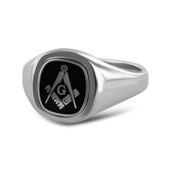 Regalia Store UK Silver-Reversible-Cushion-Head-Square-and-Compass-Masonic-Ring-Black-G Silver Reversible Cushion Head Square and Compass Masonic Ring  