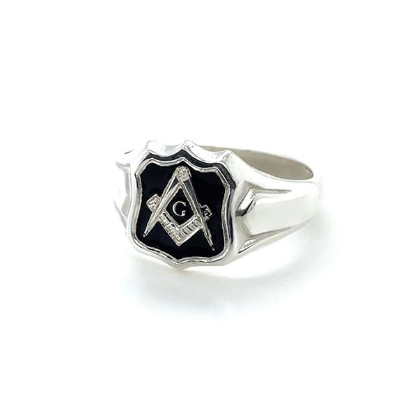 Regalia Store UK Silver-Shield-Shaped-Craft-Square-Compass-Ring-Black-G Silver Shield Shaped Craft Square & Compass Ring  