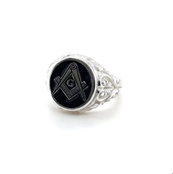 Regalia Store UK black-G-1 Sterling Silver Large Detailed Craft Square & Compass Masonic Ring  