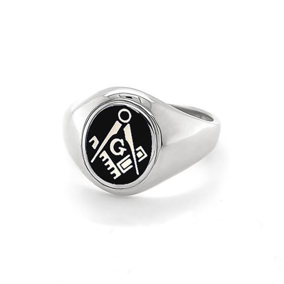 Regalia Store UK black-G-3 Silver Oval Head Enamel Square And Compass Masonic Ring- Fixed Head  